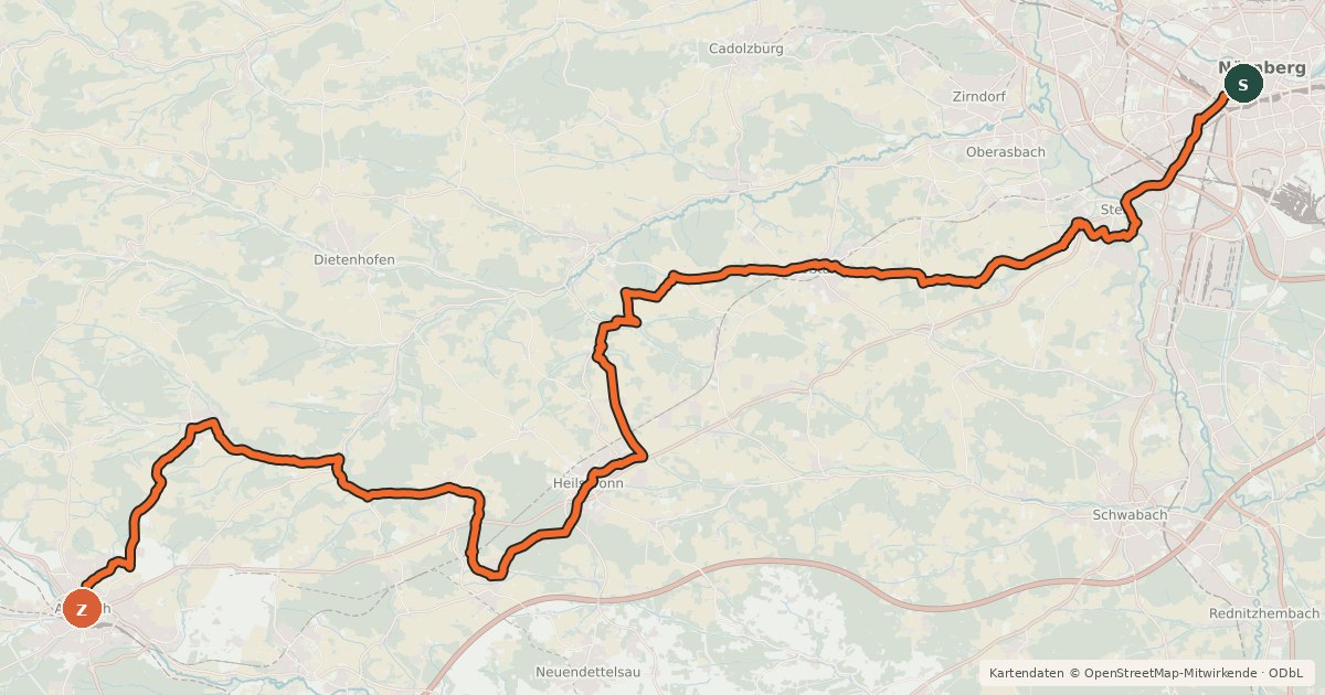 Kartenübersicht der Radroute Jakobus Radpilgerweg Nürnberg – Ansbach