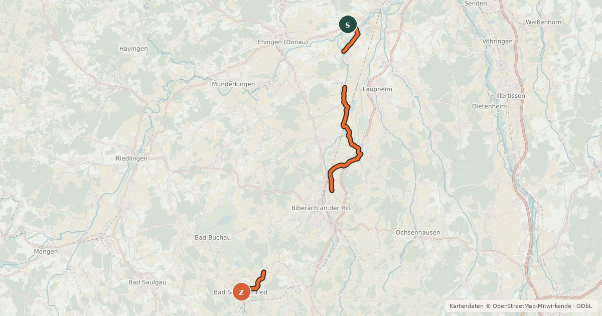 Kartenübersicht der Radroute Jakobus Radpilgerweg (Swabian branch to Bad Schussenried)