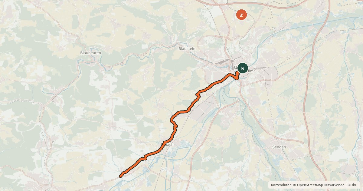 Kartenübersicht der Radroute Jakobus Radpilgerweg (Swabian branch to Oberdischingen)