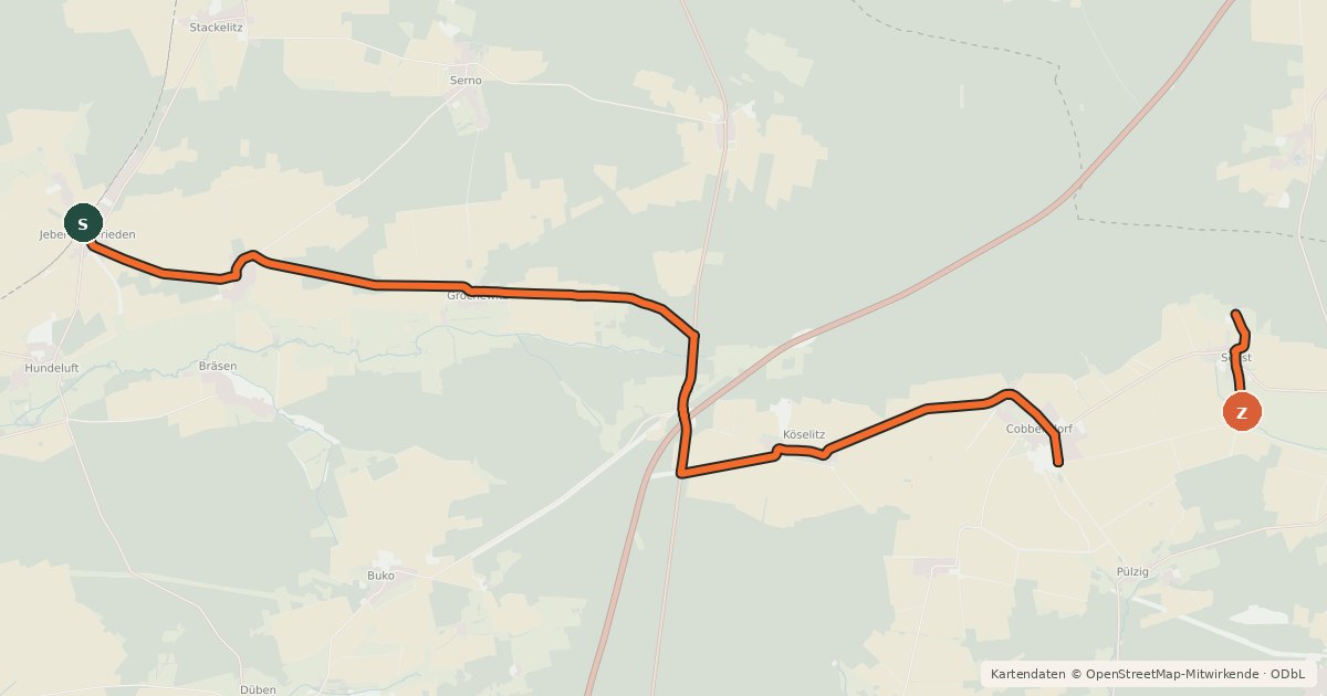 Kartenübersicht der Radroute Jeber-Bergfrieden - Cobbelsdorf - Senst und zurück