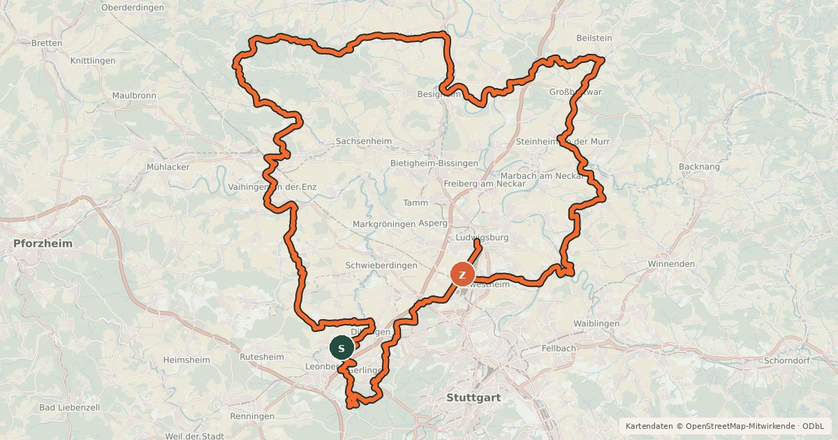 Kartenübersicht der Radroute Jubiläumsradweg 50 Jahre Landkreis Ludwigsburg