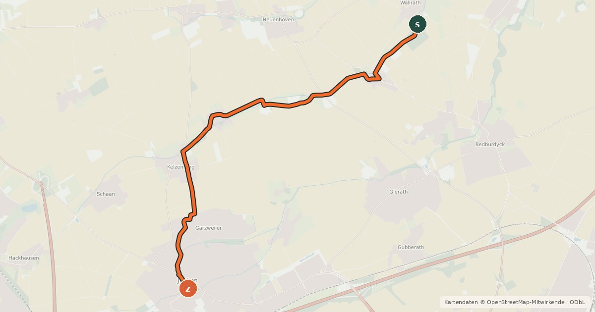 Kartenübersicht der Radroute Jüchen (5) - Jüchen (23)