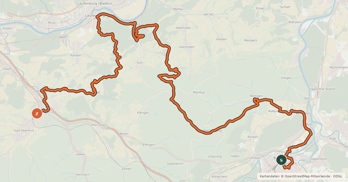 Kartenübersicht der Radroute Jurapark Aargau