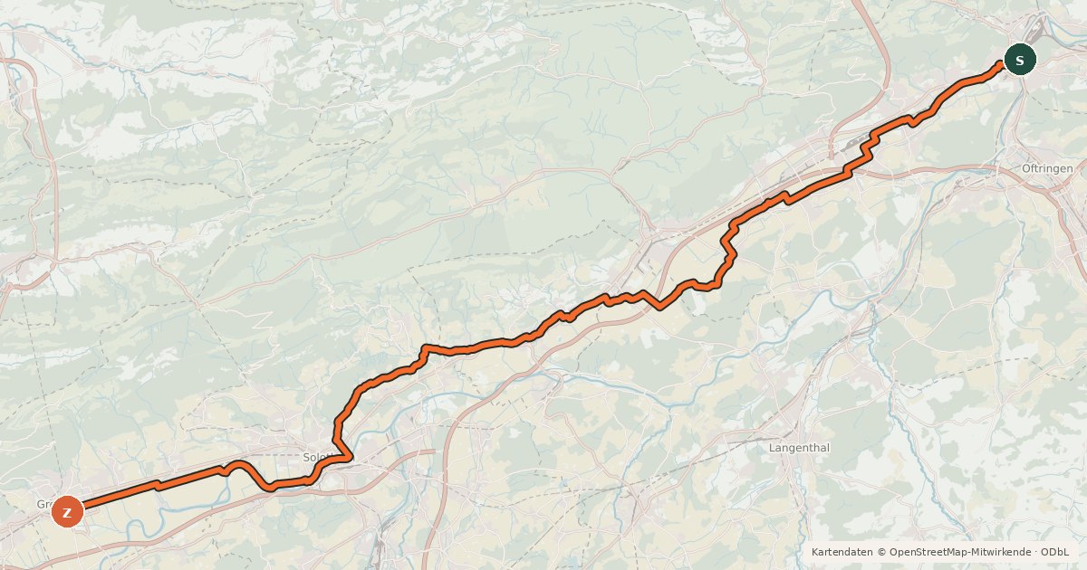 Kartenübersicht der Radroute Jurasüdfuss-Route