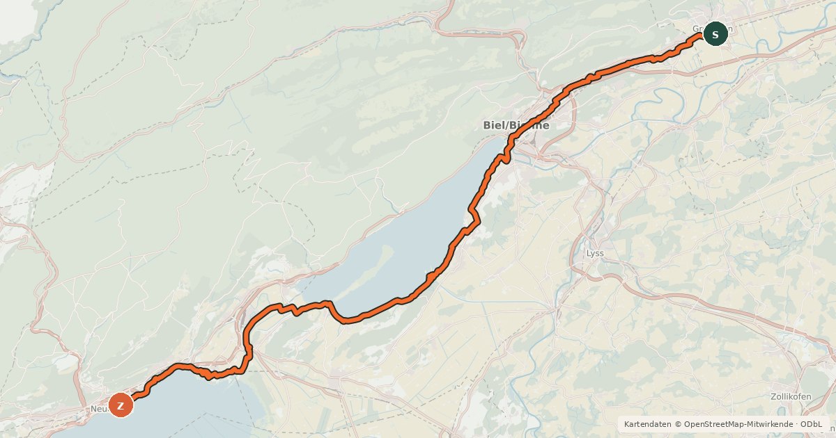 Kartenübersicht der Radroute Jurasüdfuss-Route