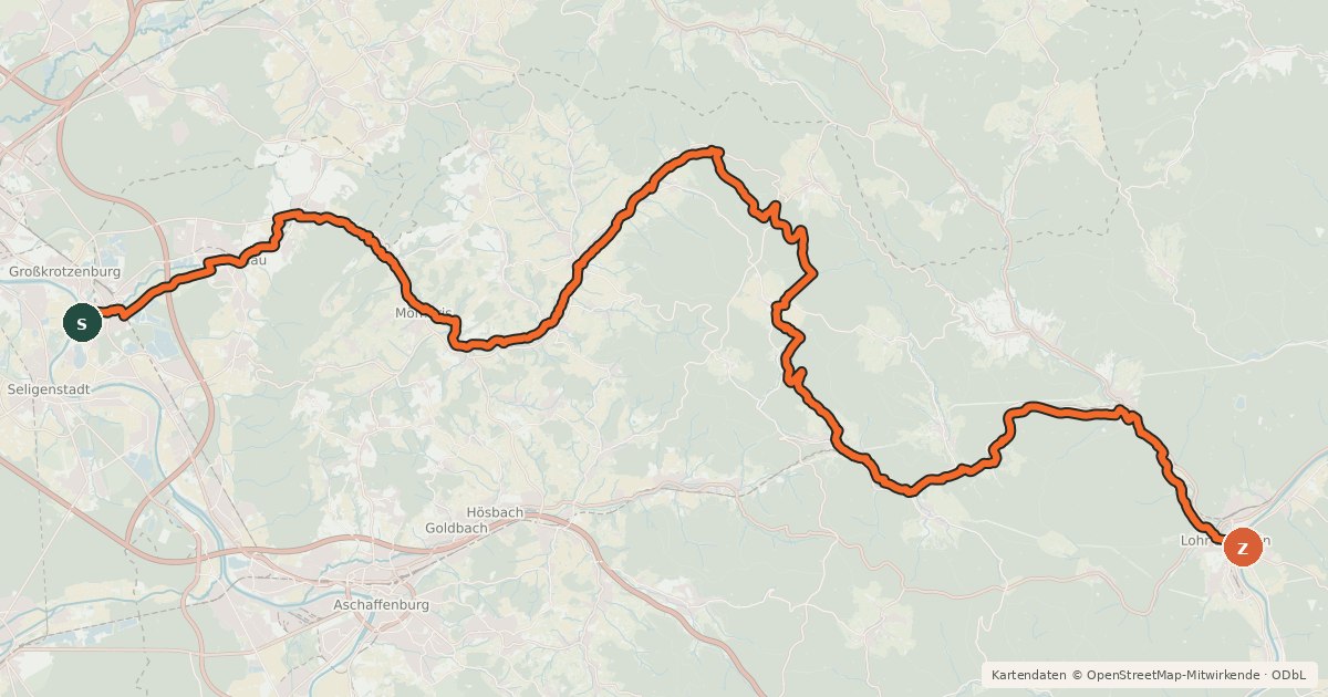 Kartenübersicht der Radroute Kahltal-Spessart-Radwanderweg