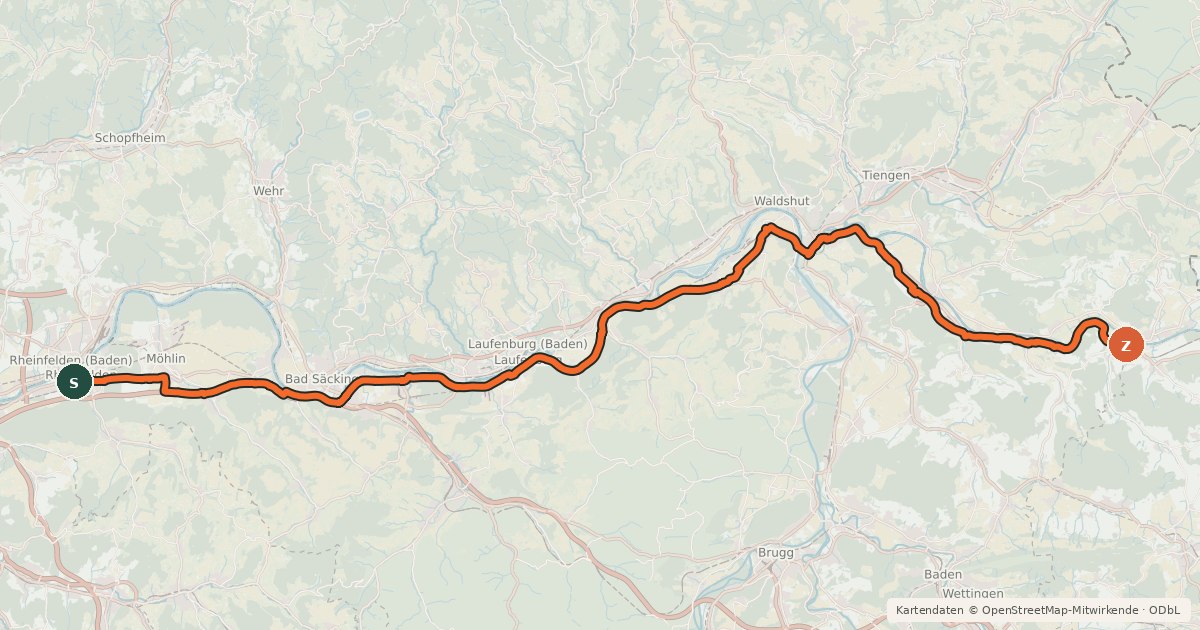 Kartenübersicht der Radroute Kaiseraugst-Kaiserstuhl
