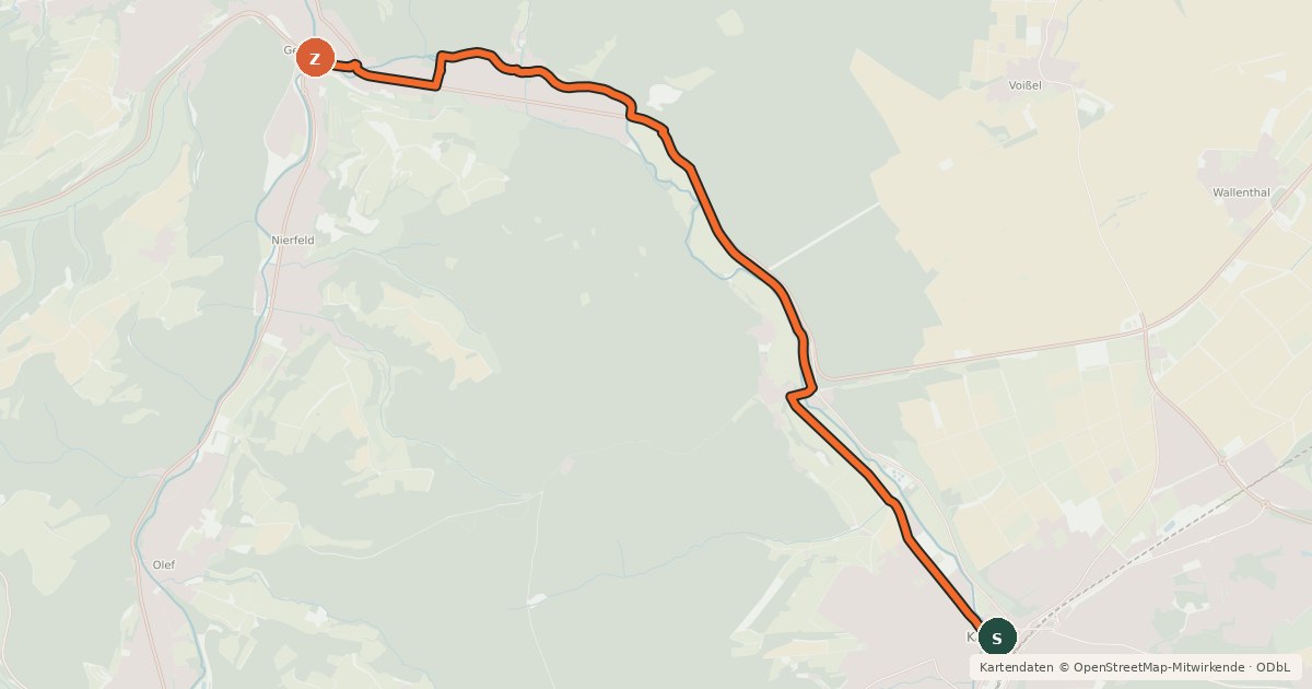 Kartenübersicht der Radroute Kall (20) - Gemünd (30)