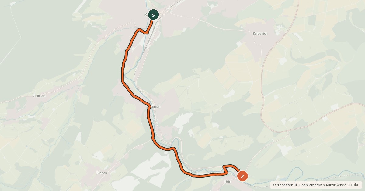 Kartenübersicht der Radroute Kall (20) - Urft (36)