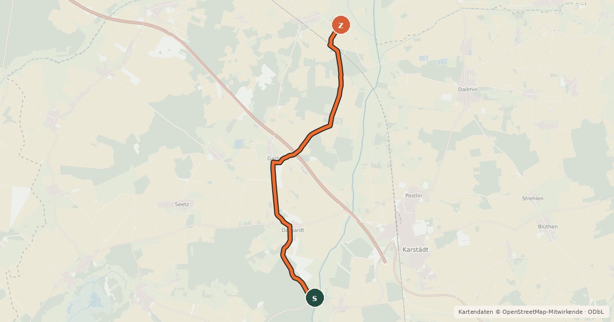 Kartenübersicht der Radroute Karstädt (11) - Karstädt (15)