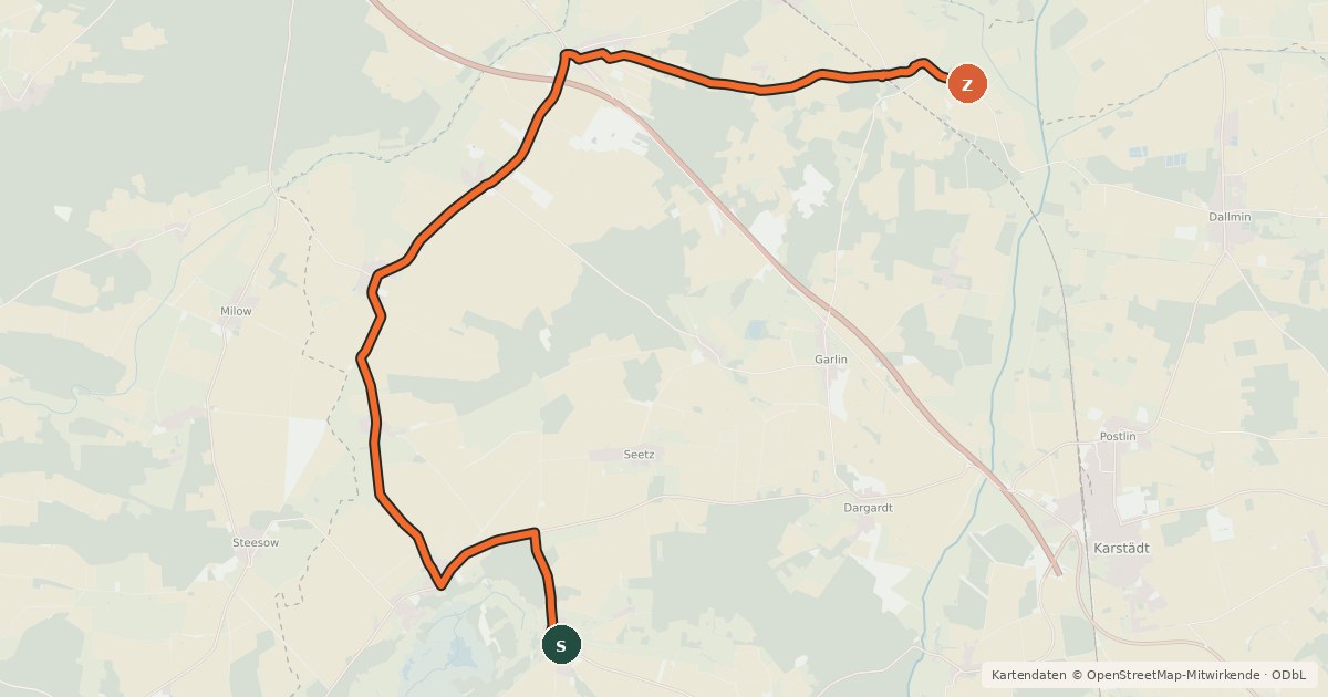 Kartenübersicht der Radroute Karstädt (14) - Karstädt (15)