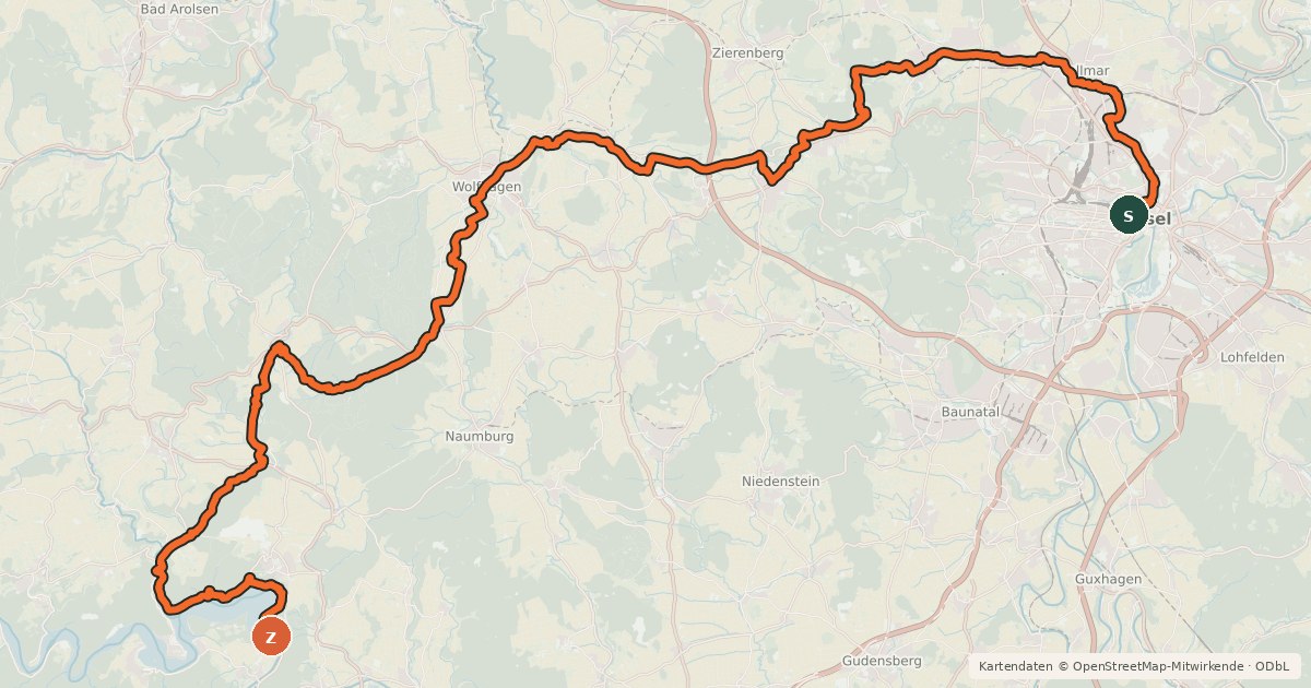 Kartenübersicht der Radroute Kassel-Edersee-Radweg