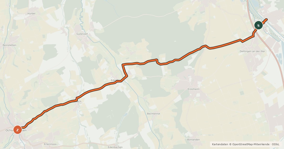 Kartenübersicht der Radroute Kellmünz - Ochsenhausen