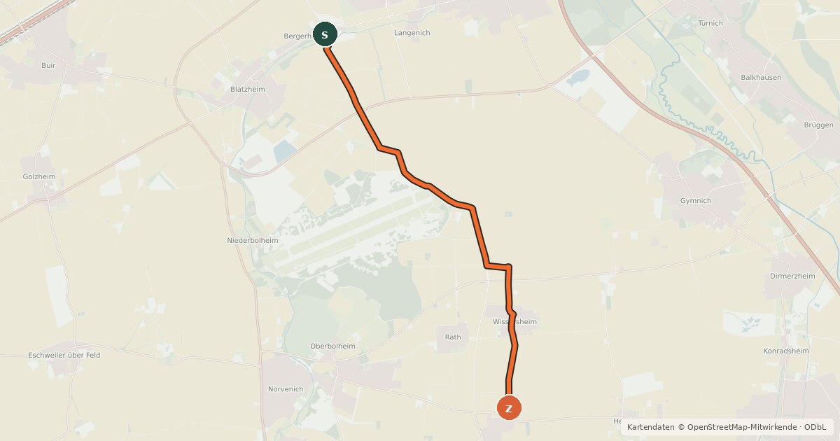 Kartenübersicht der Radroute Kerpen (51) - Nörvenich (52)