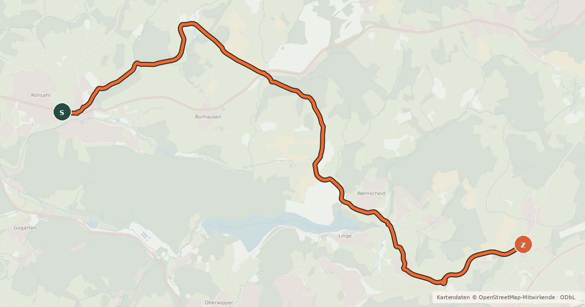 Kartenübersicht der Radroute Kierspe-Rönsahl (20) - Marienheide-Wernscheid (27)