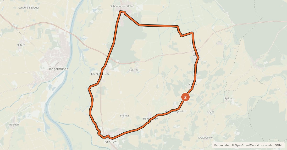 Kartenübersicht der Radroute Klosterroute Altmark