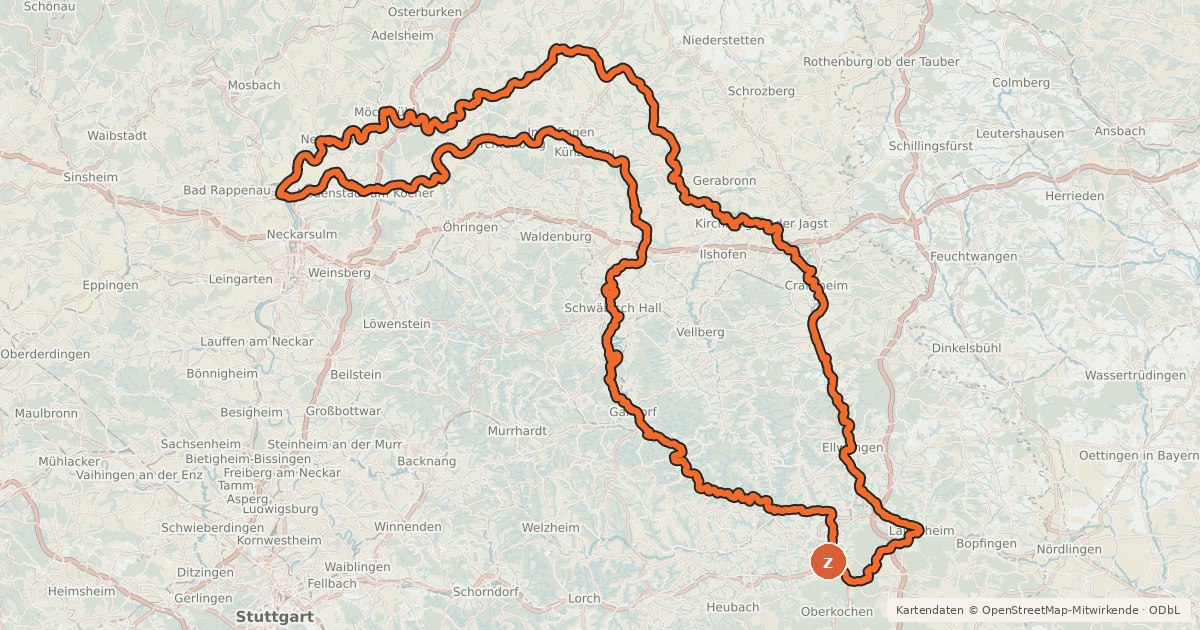 Kartenübersicht der Radroute Kocher-Jagst-Radweg
