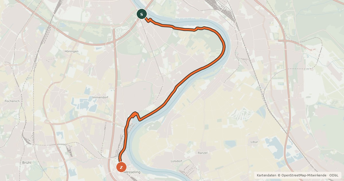 Kartenübersicht der Radroute Köln (50) - Wesseling (75)