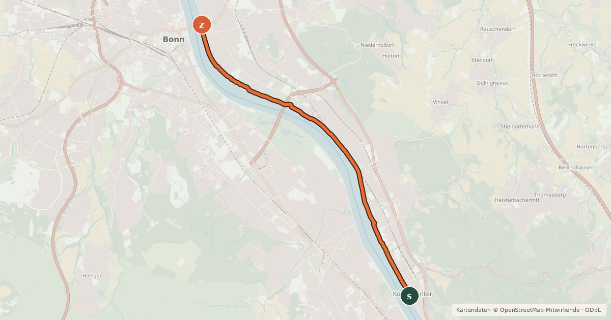Kartenübersicht der Radroute Königswinter (05) - Bonn Beuel Kennedybrücke (80)