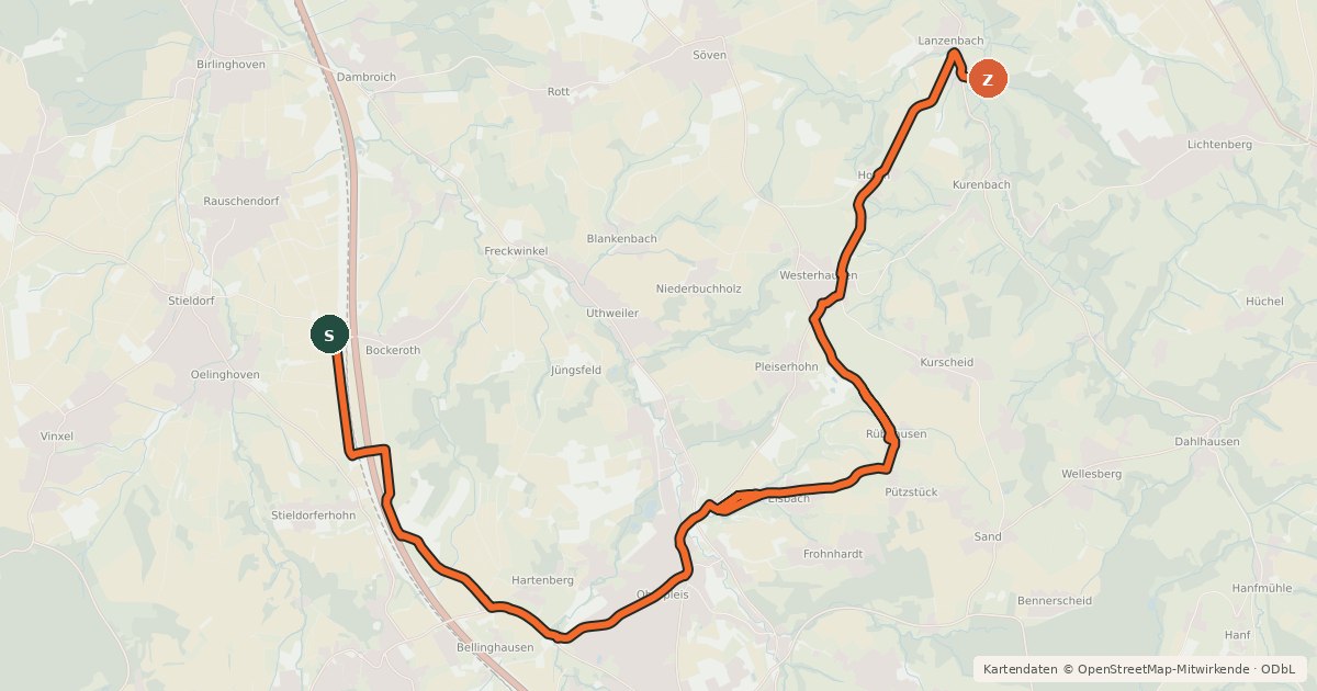 Kartenübersicht der Radroute Königswinter Bockeroth (16) - Hennef Kuchenbach (30)