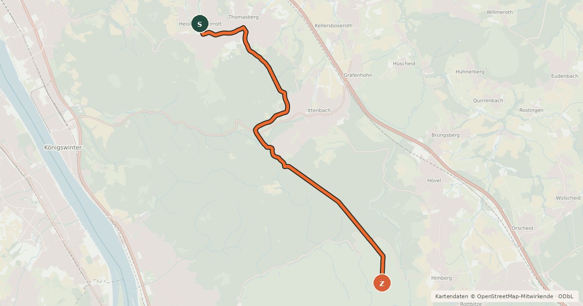 Kartenübersicht der Radroute Königswinter Heisterbacherrott (10) - Bad Honnef Himberg (11)