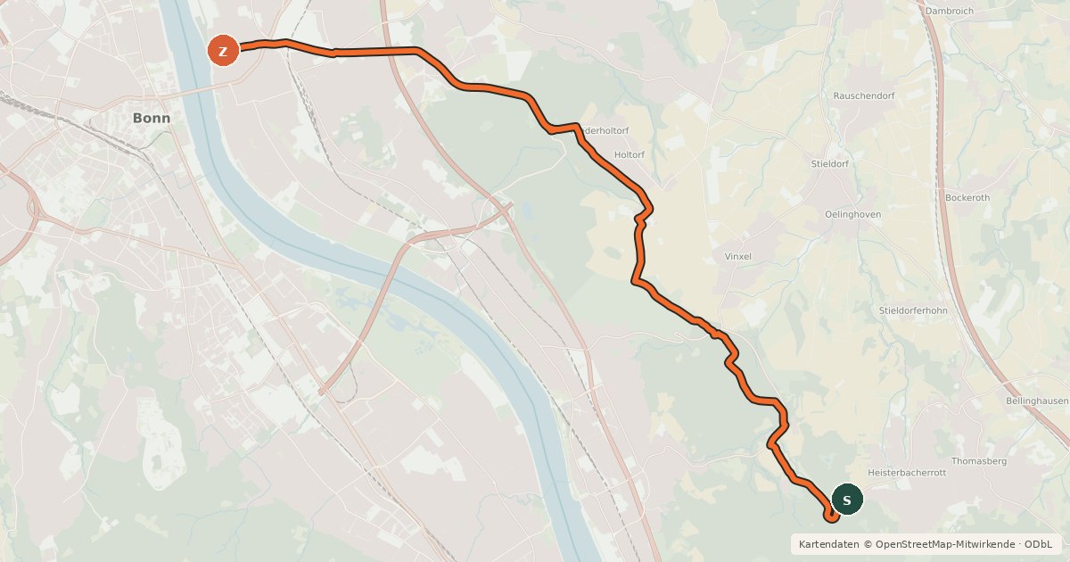 Kartenübersicht der Radroute Königswinter Oberdollendorf (09) - Bonn Beuel (81)