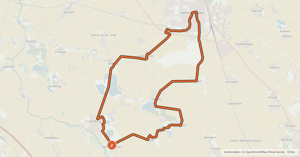 Kartenübersicht der Radroute Köthener Fahrradroute 4