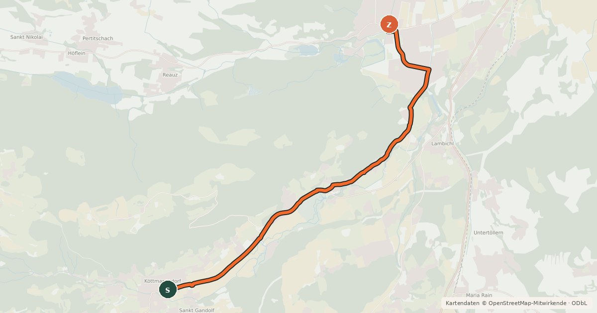 Kartenübersicht der Radroute Köttmannsdorf-Viktring