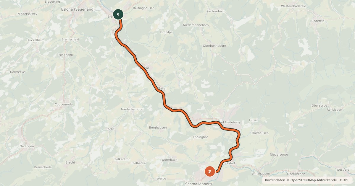Kartenübersicht der Radroute KPN Eslohe (45) - (46) Schmallenberg (Version 2)