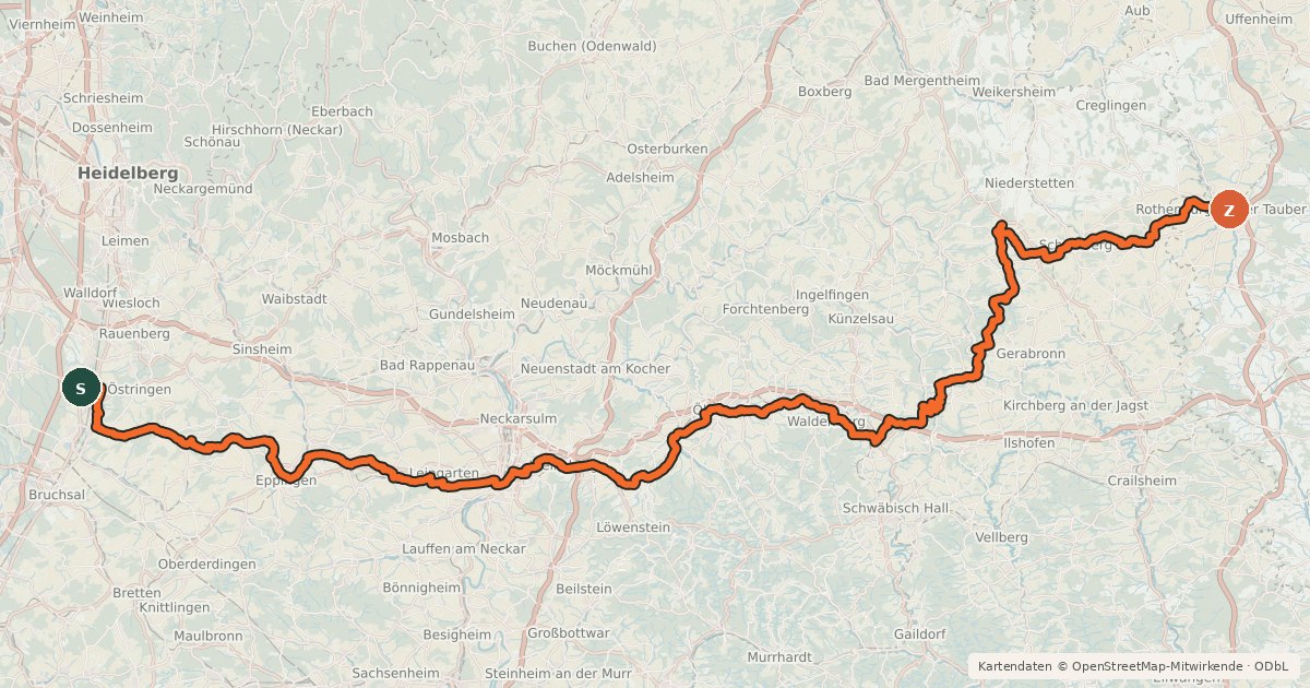 Kartenübersicht der Radroute Kraichgau-Hohenlohe-Radweg