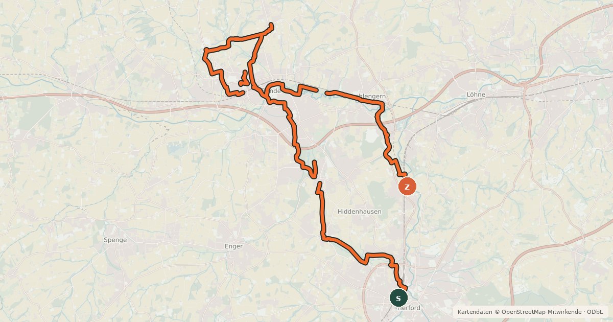 Kartenübersicht der Radroute Kreis Herford - Geschichts-Route 2 (Die Zeit von Tabak und Zigarren)