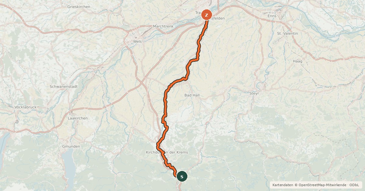 Kartenübersicht der Radroute Kremstalradweg