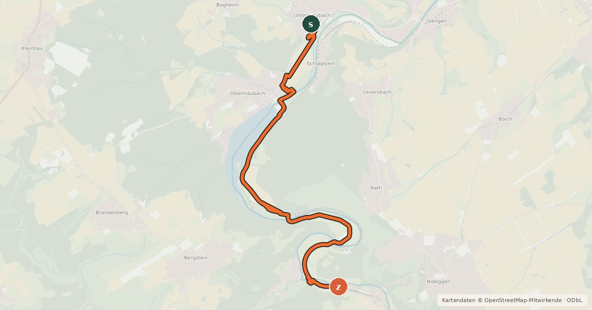 Kartenübersicht der Radroute Kreuzau (55) - Nideggen (69)