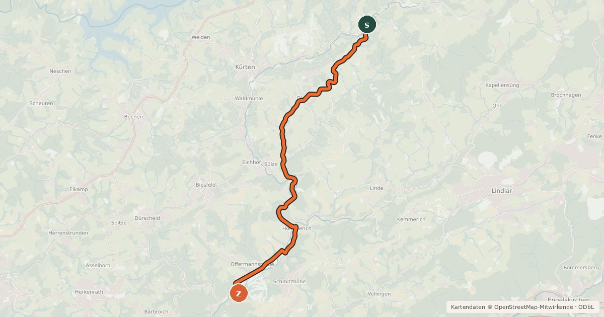 Kartenübersicht der Radroute Kürten (39) - Kürten (53)