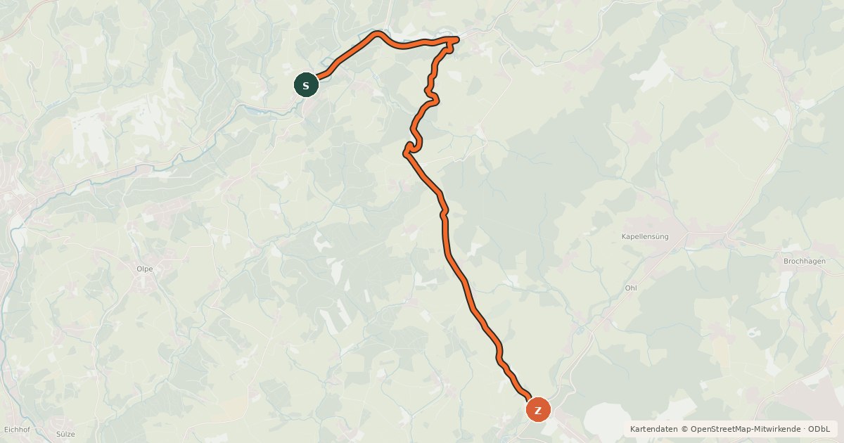 Kartenübersicht der Radroute Kürten (39) - Lindlar (72)