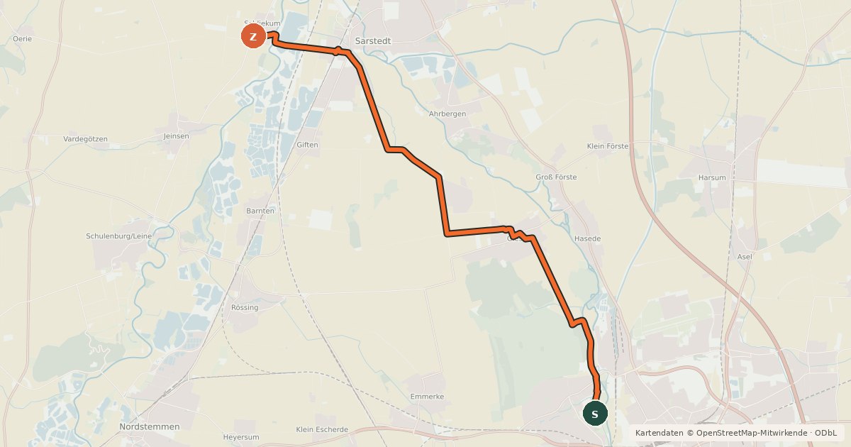 Kartenübersicht der Radroute Kulturroute Hannover, Alternativroute - Abkürzung zwischen Hildesheim und Sarstedt