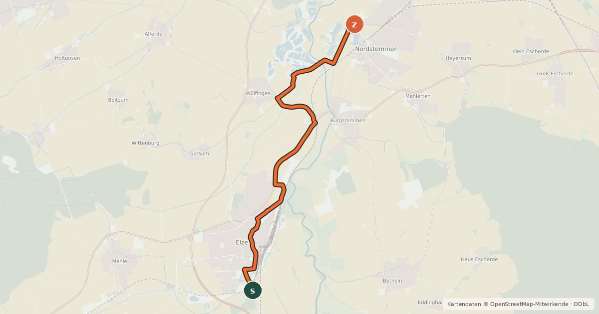 Kartenübersicht der Radroute Kulturroute Hannover, Alternativroute - Abkürzung zwischen Schloß Marienburg und Elze