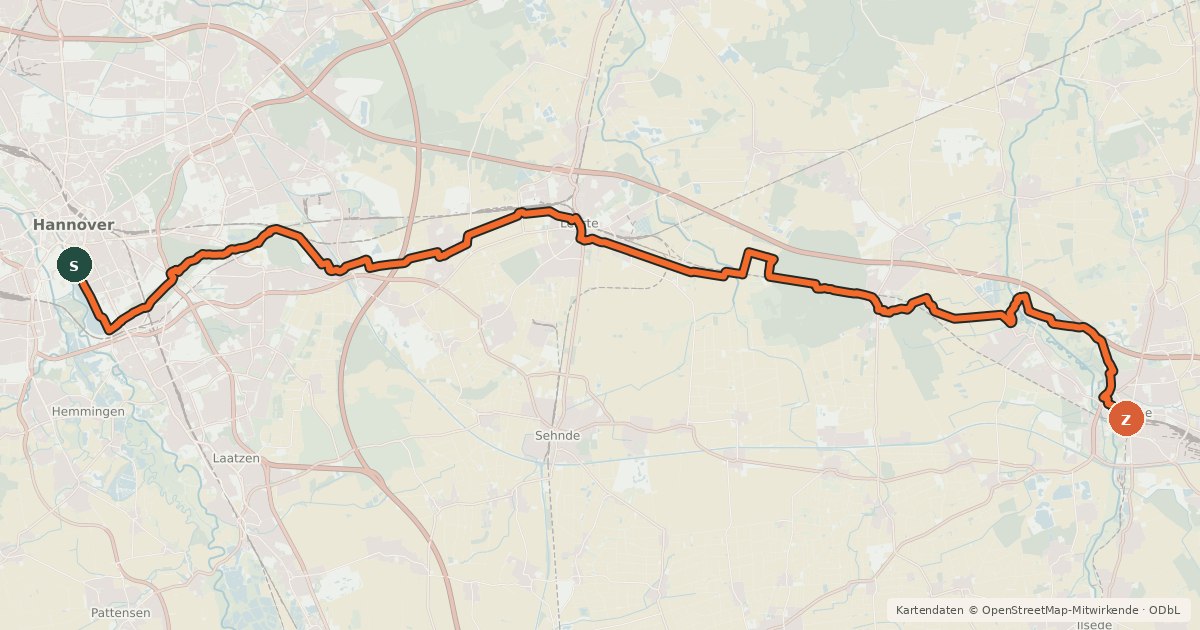 Kartenübersicht der Radroute Kulturroute Hannover, Ergänzungsroute - Nördlich des Mittellandkanals