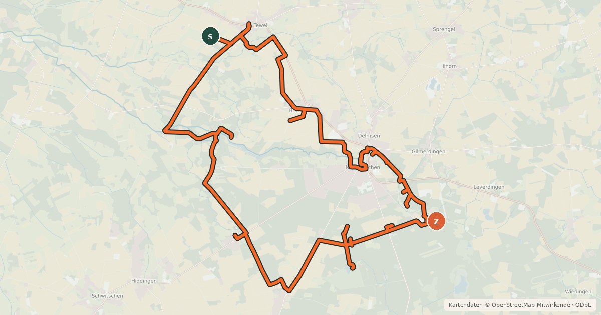 Kartenübersicht der Radroute Kunst in der Landschaft-Route Radweg