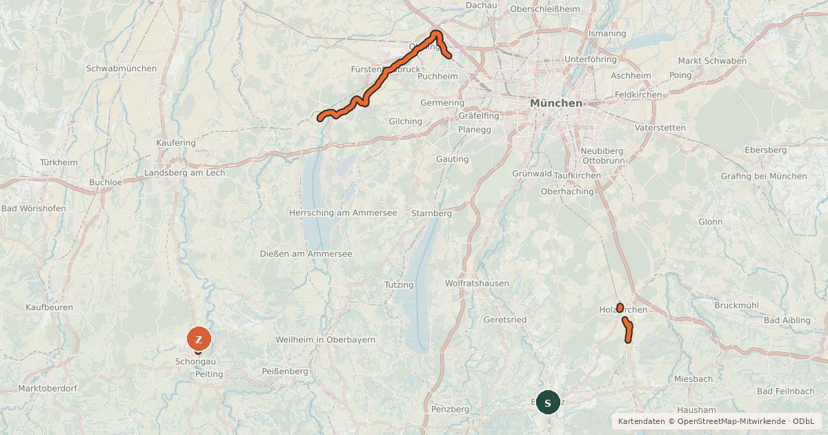 Kartenübersicht der Radroute Kunstschleife - Wasser-Radlwege Oberbayern