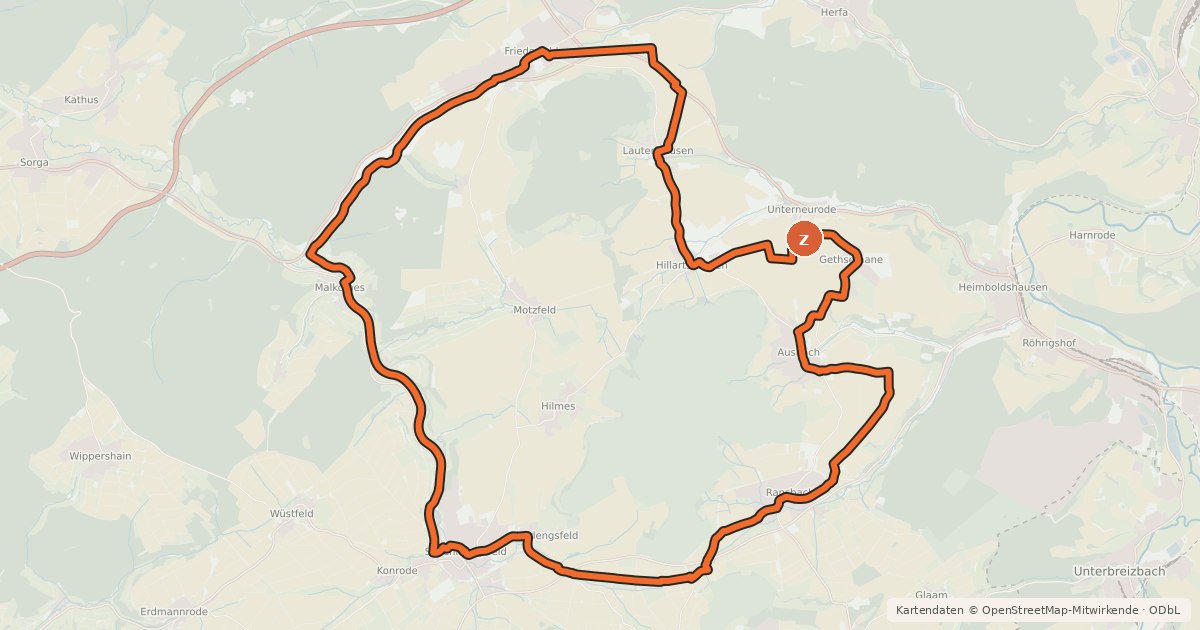 Kartenübersicht der Radroute Kuppenrhön-Tour