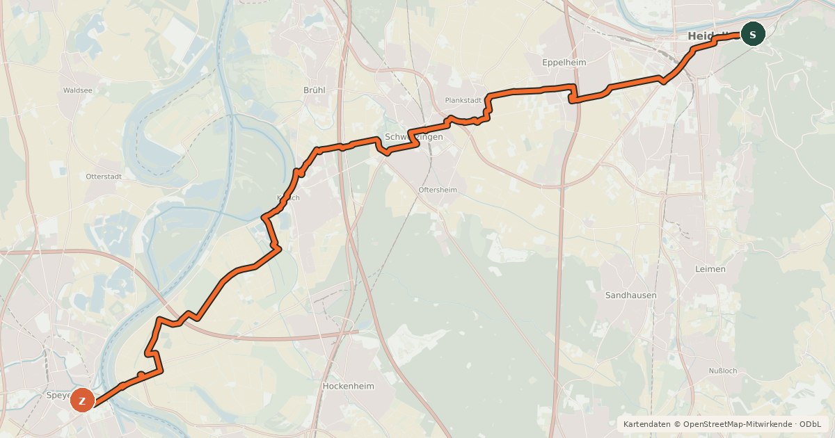 Kartenübersicht der Radroute Kurpfalzroute Radweg von Heidelberg nach Speyer