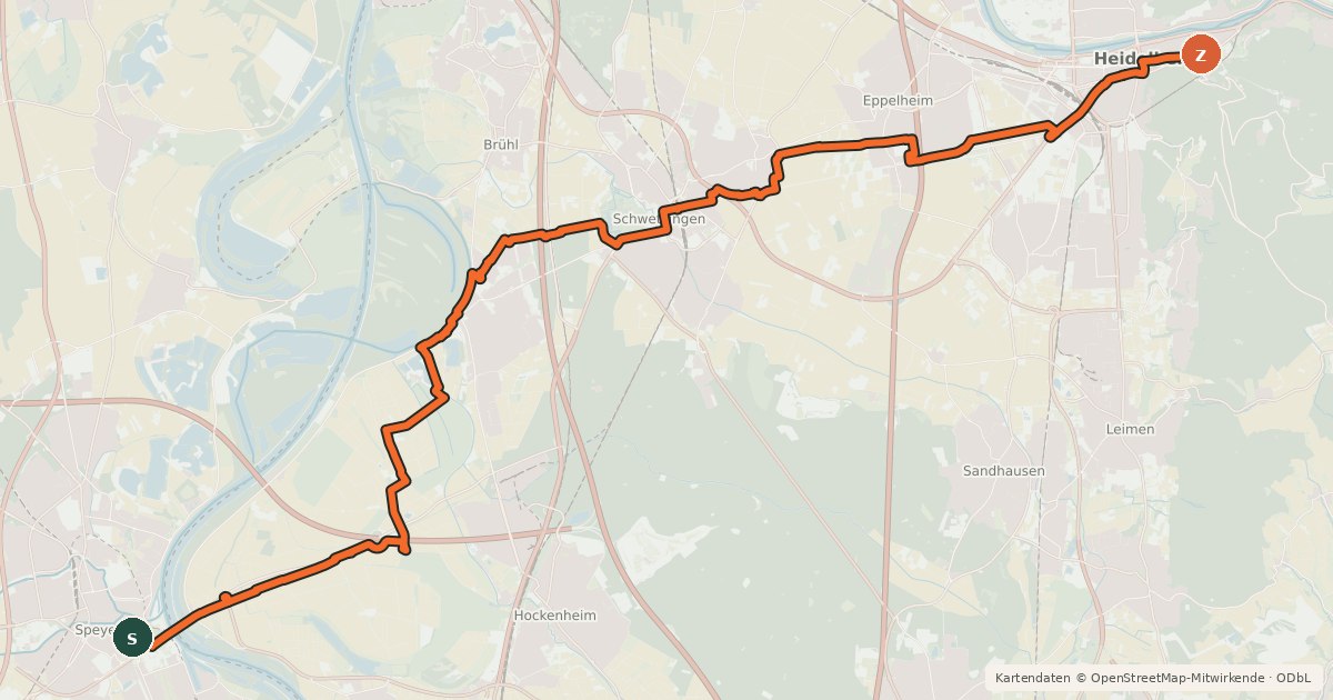 Kartenübersicht der Radroute Kurpfalzroute Radweg von Speyer nach Heidelberg