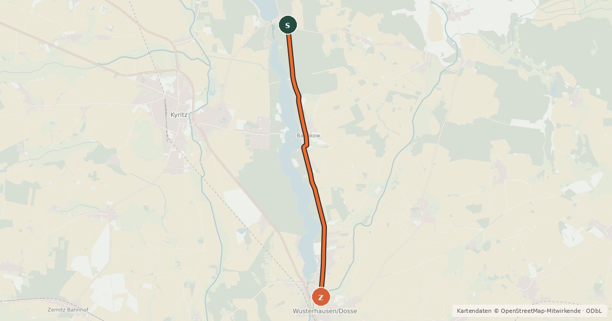 Kartenübersicht der Radroute Kyritz (39) - Wusterhausen (52)