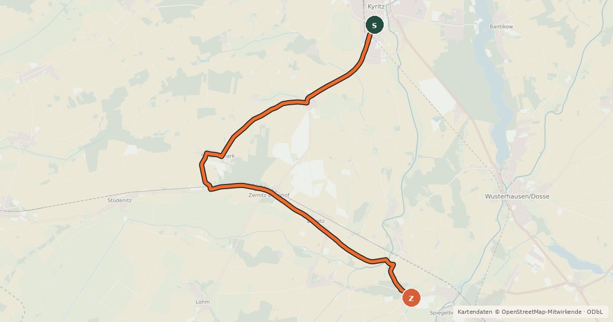 Kartenübersicht der Radroute Kyritz (41) - Neustadt/Dosse (62)
