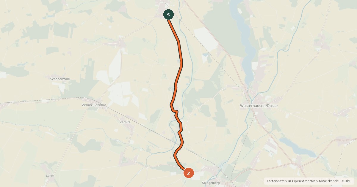 Kartenübersicht der Radroute Kyritz (42) - Neustadt (62)