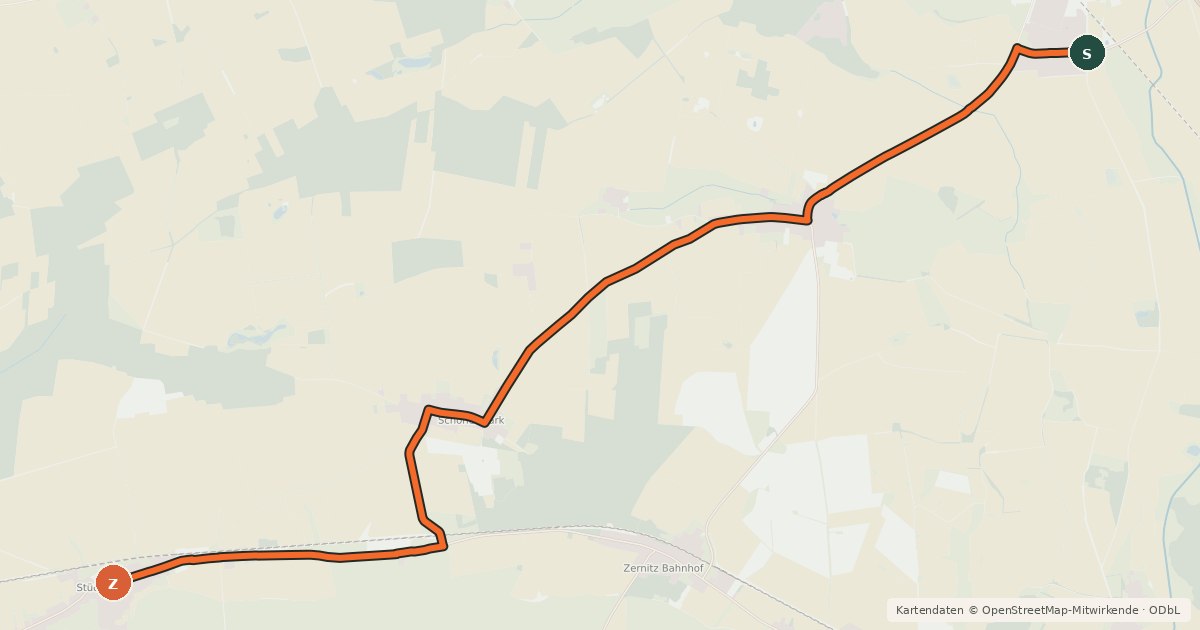 Kartenübersicht der Radroute Kyritz (42) - Stüdenitz-Schönermark (79)