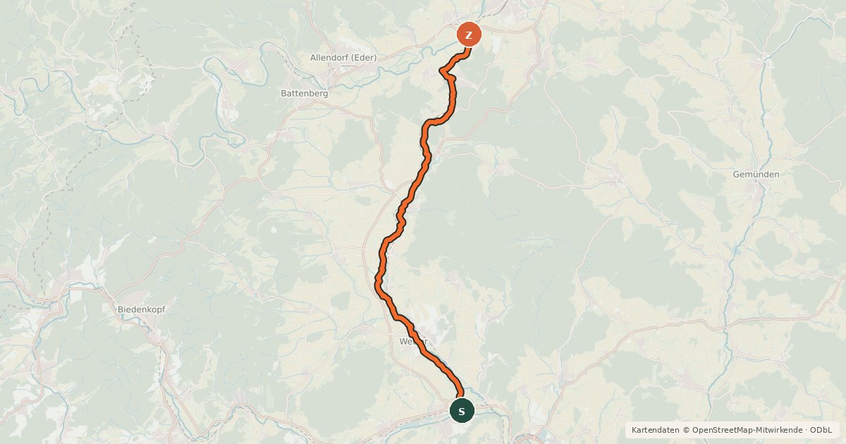Kartenübersicht der Radroute Lahn-Eder-Radweg