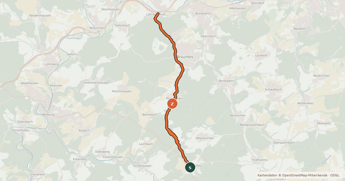 Kartenübersicht der Radroute Lahnbahnhof - Braunfels - Möttau