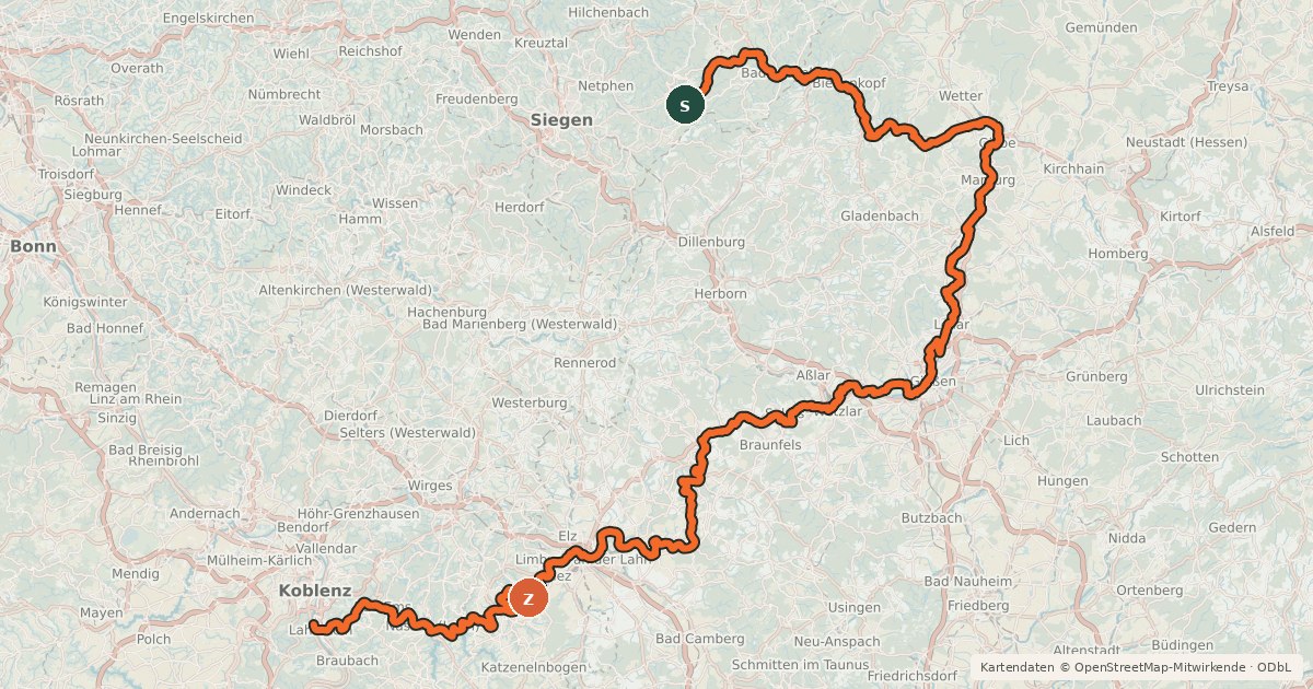 Kartenübersicht der Radroute Lahnradweg